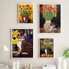 Vintage Bouquet Flower Lotus Lilies With A Cat Art Nouveau Klimt Style Art Print Poster Canvas Painting Wall Picture Room Decor
