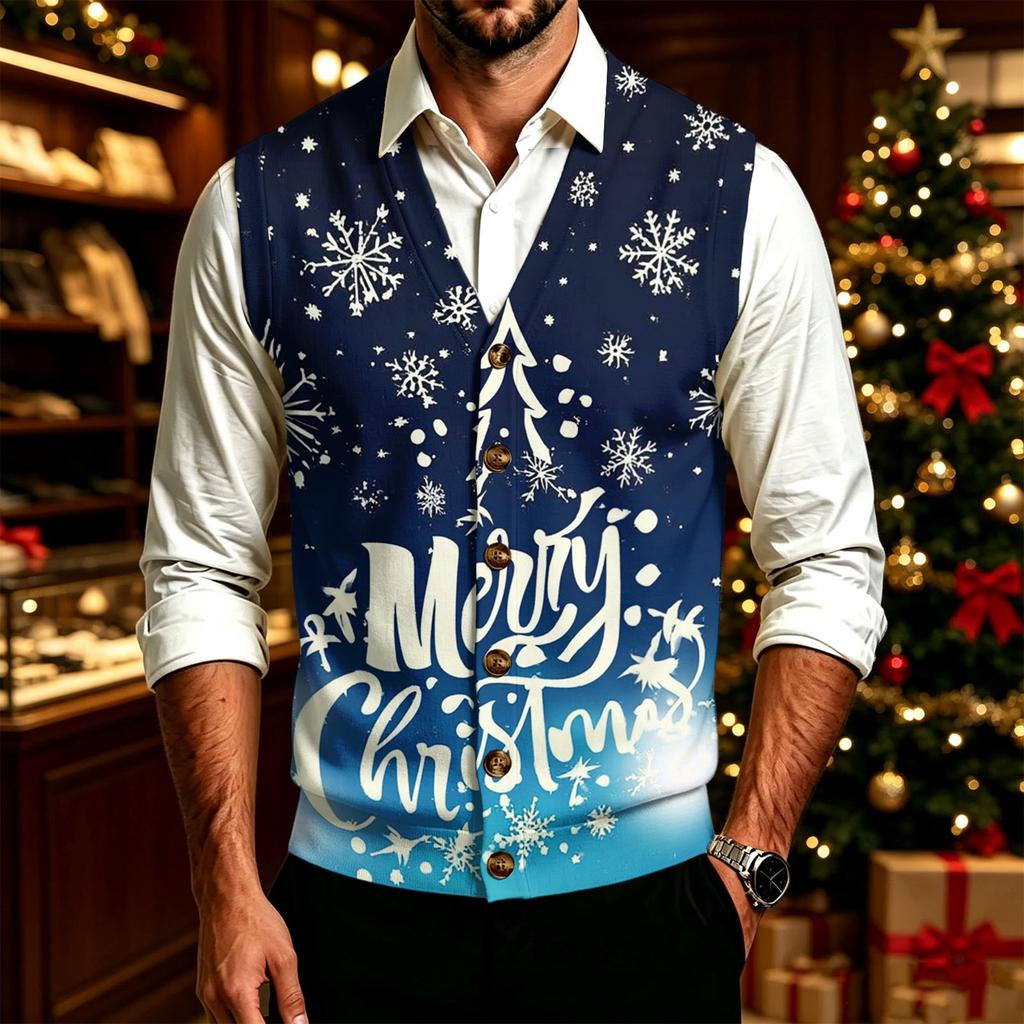 Men's V-Neck Christmas Print Sweater with Large Buttons