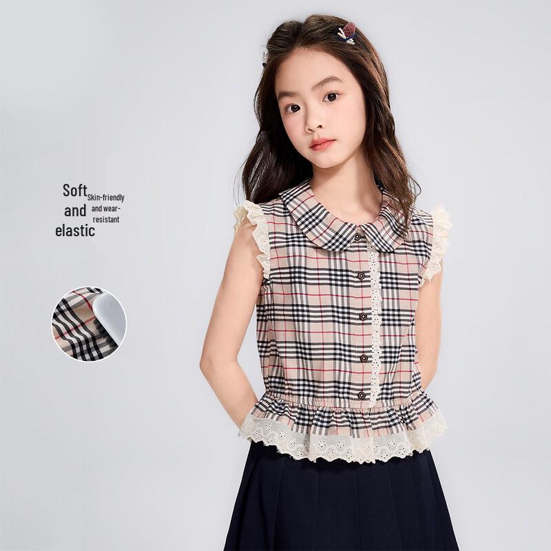 Princess YUAN YUAN Girls' French Plaid Lace Sleeveless Shirt