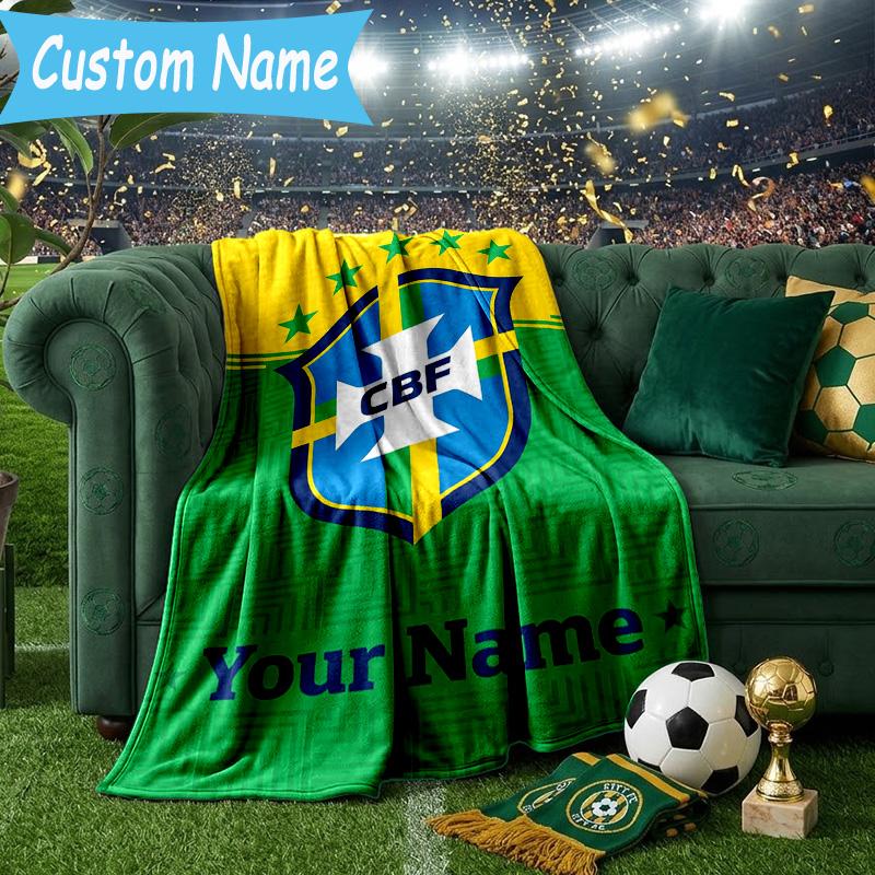 Custom Name Brazilian Football Emblem Flannel Blanket, Use for Birthday/Holiday Gift, Soft Blanket for Sofa/Bed/Camping/Office, Home Decor