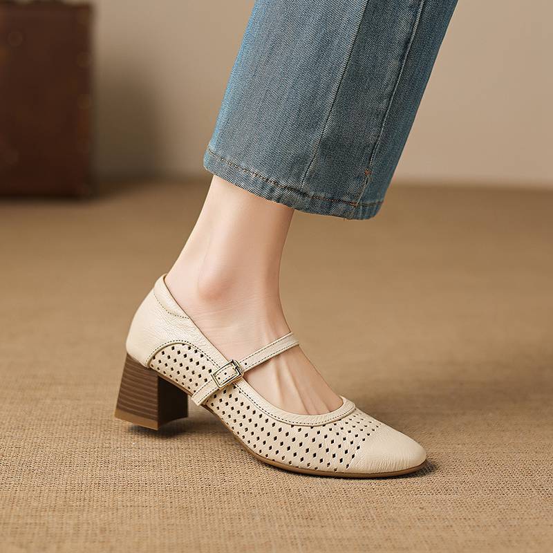 

Krazing Pot Sheepskin Round Toe Thick Heels Summer Shoes Solid Big Size 42 Hollow Decoration Women Shallow Pumps 42 бежевий