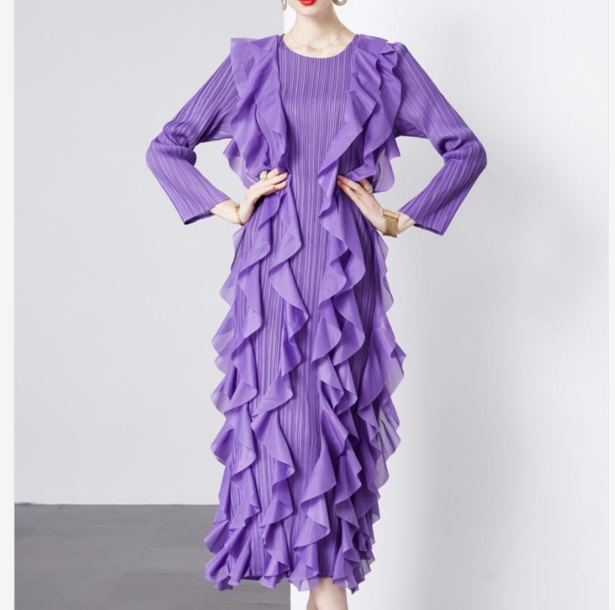 Miyake 2024 Spring Lotus Leaf Pleated Dress - Women's Layered Three-Quarter Sleeve, Round Neck, Plus Size