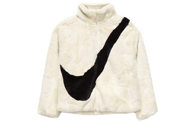 Nike Sportswear Women s Oversized Swoosh Logo Faux Fur Jacket Fossil/Black CU6558-238 XL