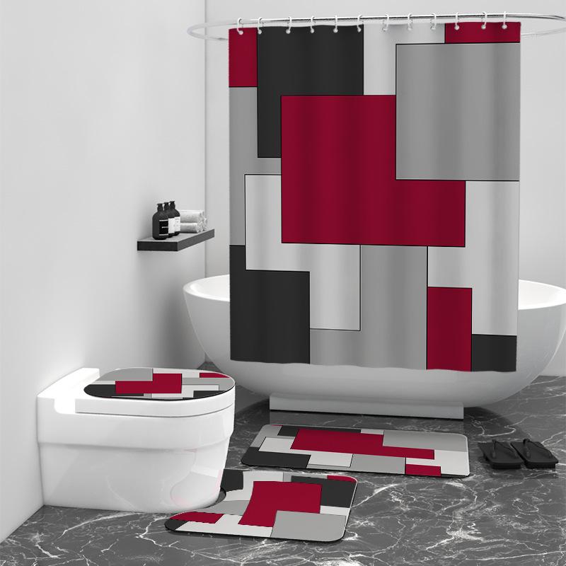 

Занавеска для душа из полиэстера с абстрактным геометрическим черным, серым, красным и белым рисунком и цифровым принтом W90cm*L180cm