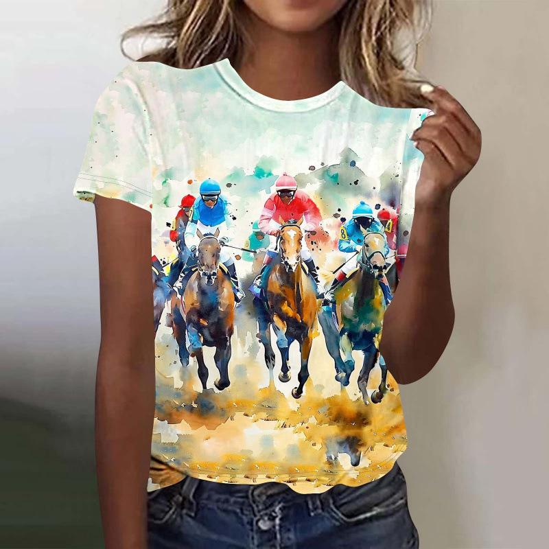 Summer Comfortable Soft Short Sleeved T-shirt Colorful Horse Riding Pattern Print Fashionable Relaxed Women's T-shirt