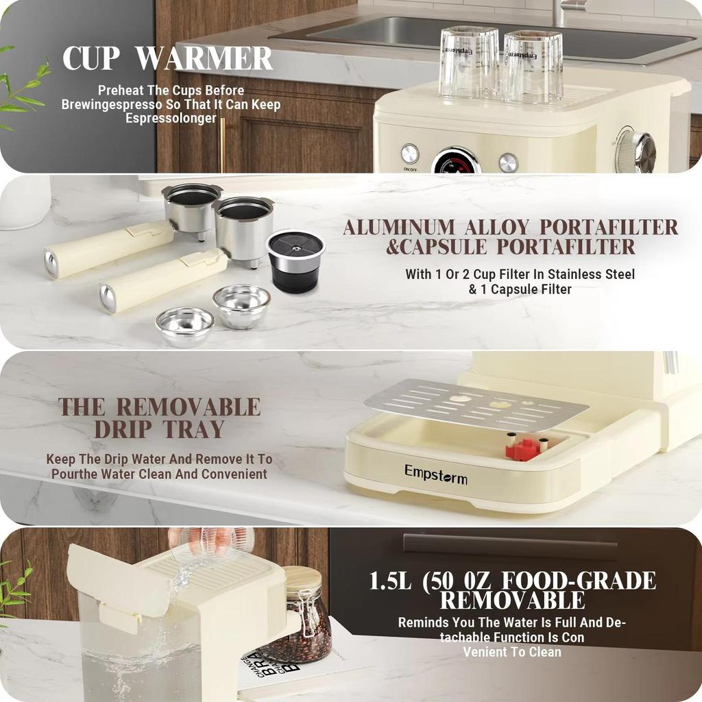 Empstorm 04E Portable Coffee Machine 20 Bar Semi-Automatic Espresso Machine Home Office Coffee Machines with Visible Water Tank