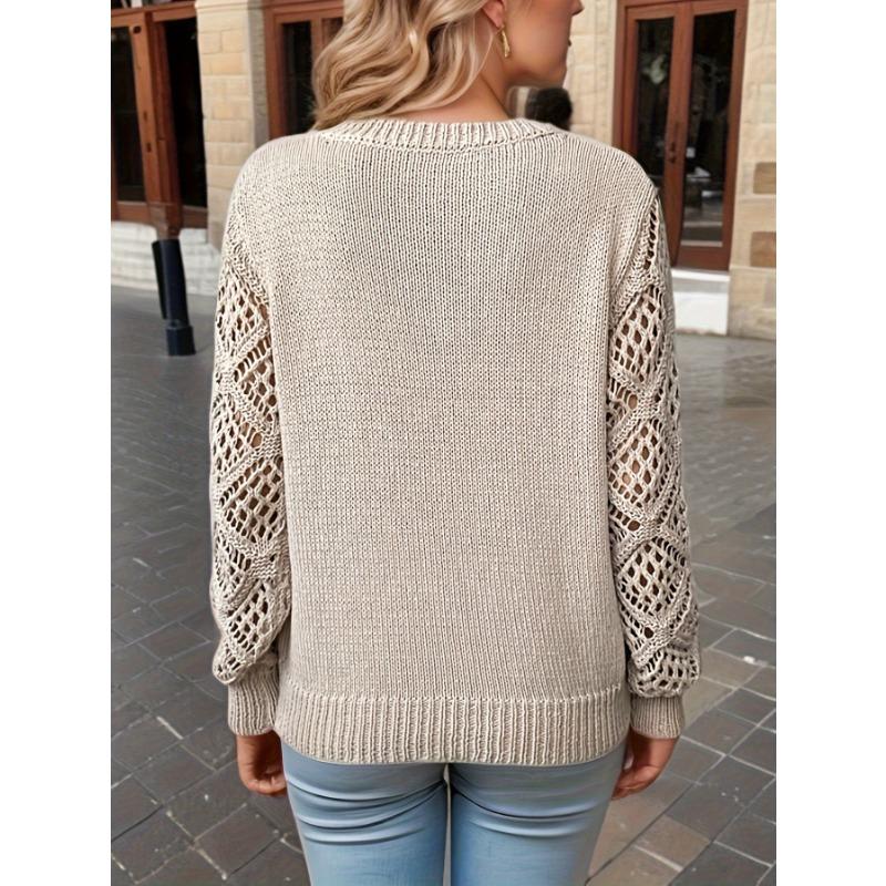 Spring Autumn Women Sweater Knitted Skeleton Pullover Long Sleeve Crochet Jacquard V-Neck Loose Top