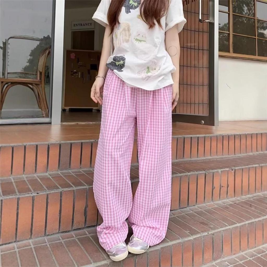 Plaid Colorblock High-Waist Straight-Leg Summer Pants - Women's Trendy and Versatile Floor-Length Design