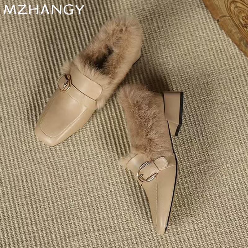 Women Fur Square Toe Cotton Shoes Leather Mid Heels Loafers Shoes Woman 2025 Trend Winter Warm Cozy Dress Snow Boots Zapatillas