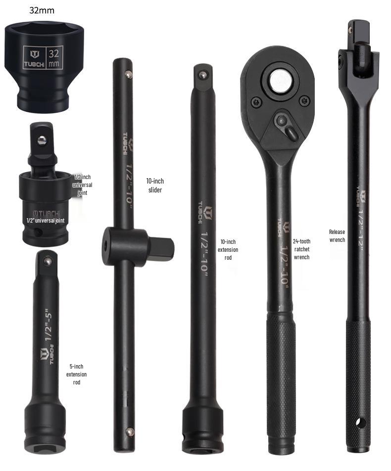 25-Piece Air Impact Wrench Set: Includes Small Hex Socket, Pneumatic Ratchet, F-Handle Wrench, Sliding Bar, and Long Extension Bar.