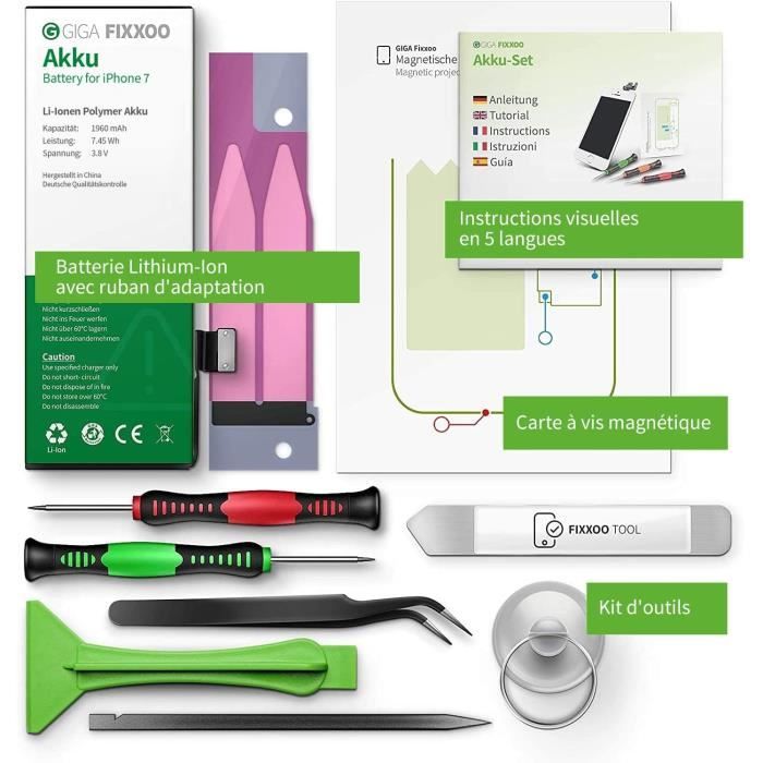Kit de réparation - GIGA FIXXOO - iPhone 7 - Batterie Lithium Ion - Kit complet - Facile à installer