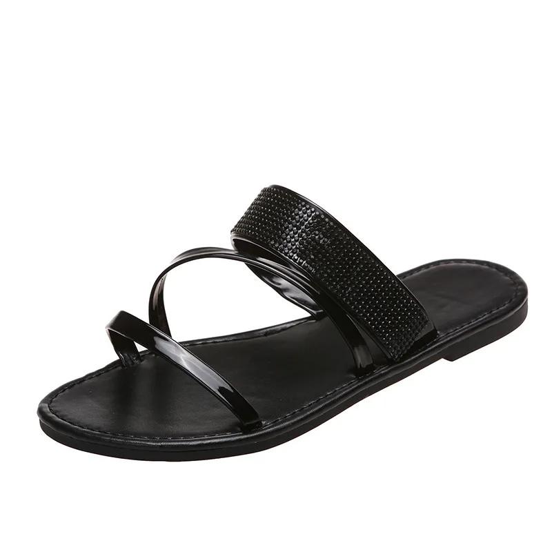 Fashion Summer New Women's Fashion Gold Silver Patent Leather Flat Heel Sandals Bling Rhinestone Narrow Band Beach Casual Slippers2025