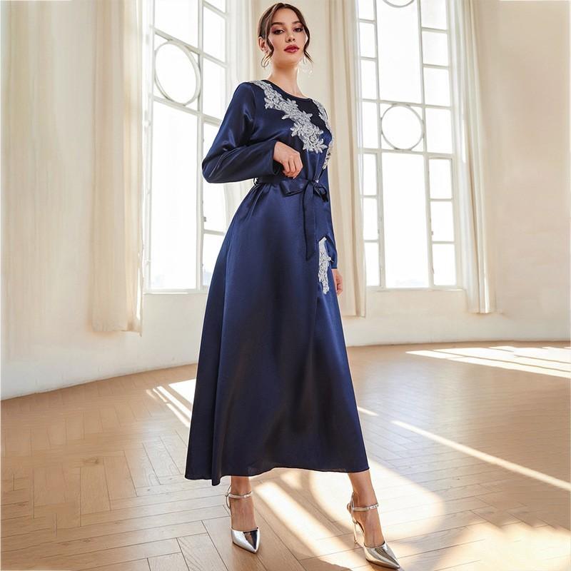 

Women Elegant Wedding Evening Cocktail Party Embroidery Bandage Long Dress Maxi Muslim Middle Eastern Robe Jubah