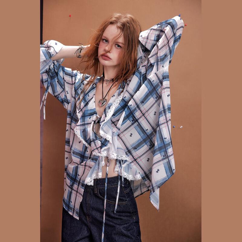 UNIFREE Chiffon Plaid Lace-Trim Blouse S