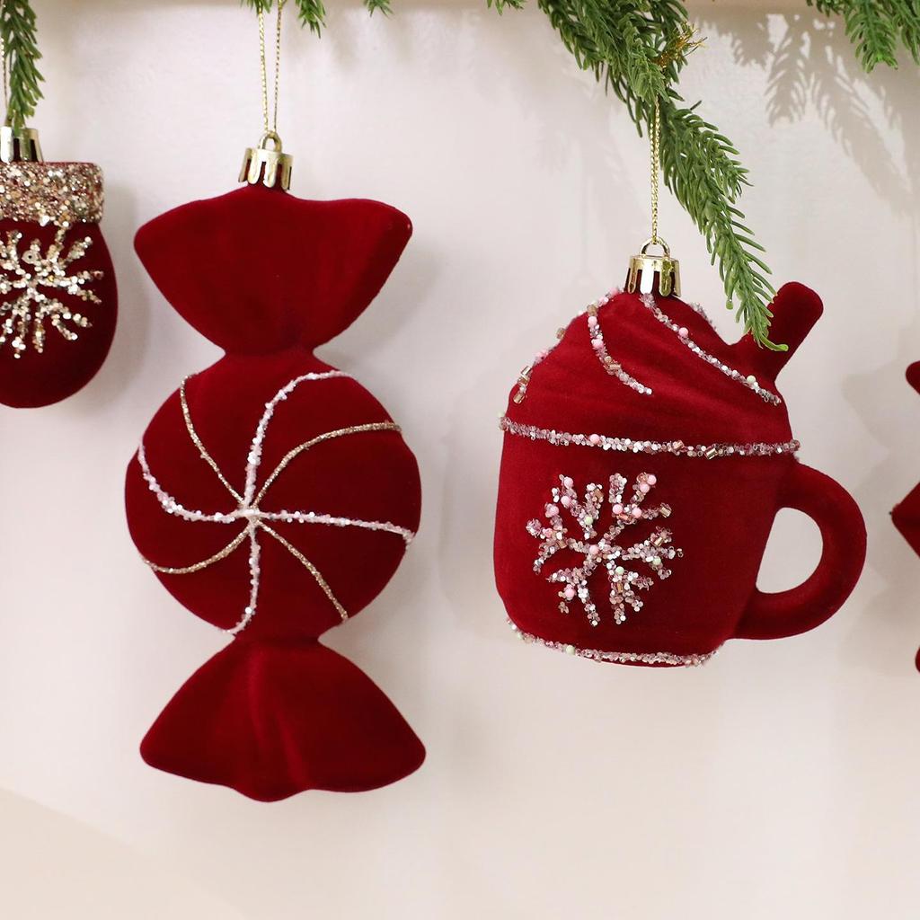 Velvet Christmas Ornaments, Red Assorted Festive Designs, Holiday Tree Decorations