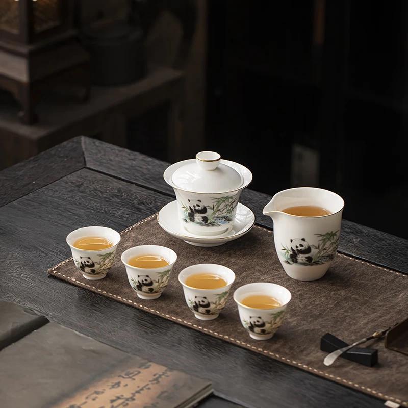 Panda Mutton Fat Jade Ceramic Tea Set