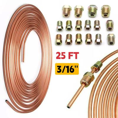 25ft 7.62m Car Roll Tube Coil of 3/16" OD Copper Brake Pipe Hose Line Piping Tube Tubing Rust-proof With 16PCS Tube Nuts