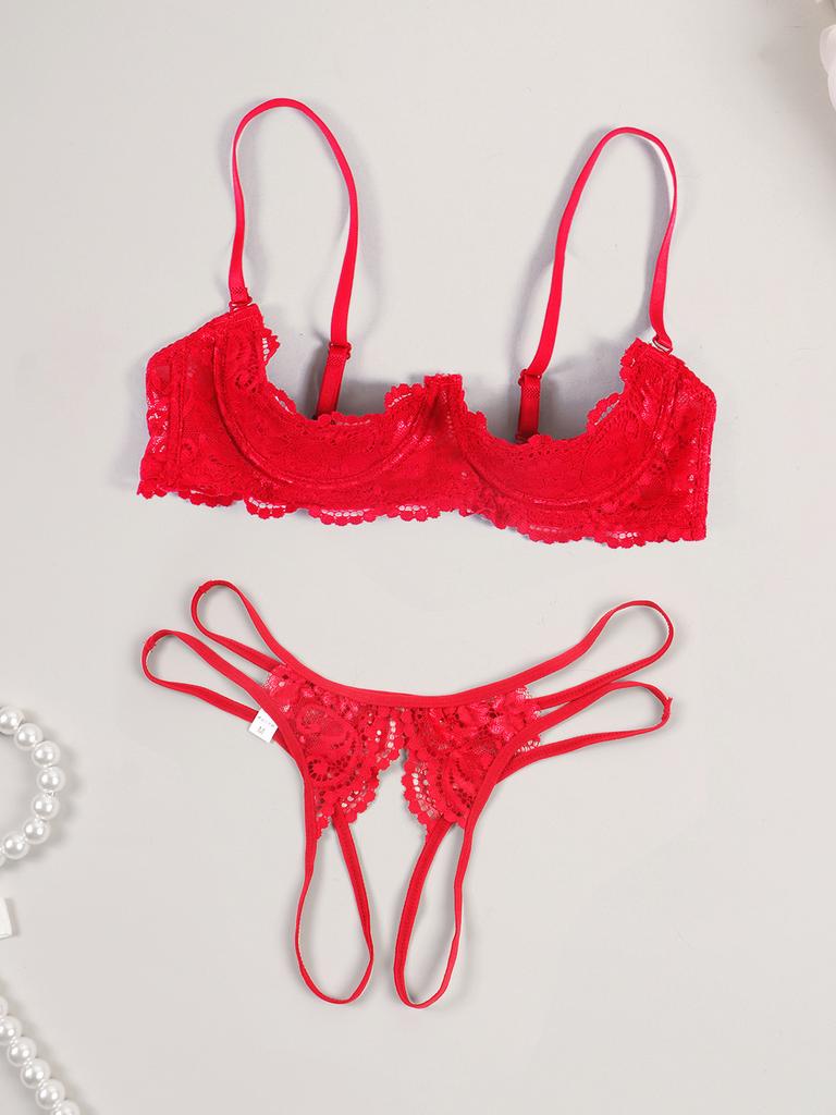 Sexy Black Lace Bare Chest Nipple Bra Gather Pure Desire Perspective Open Crotch Thong Underwear Suit Women