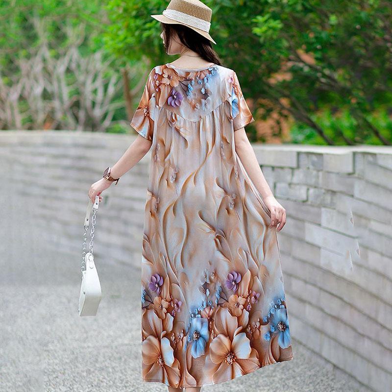 Summer Women's Plus Size Dress Loose Round Neck Floral Dress Soft Skin-friendly Breathable Long Dress