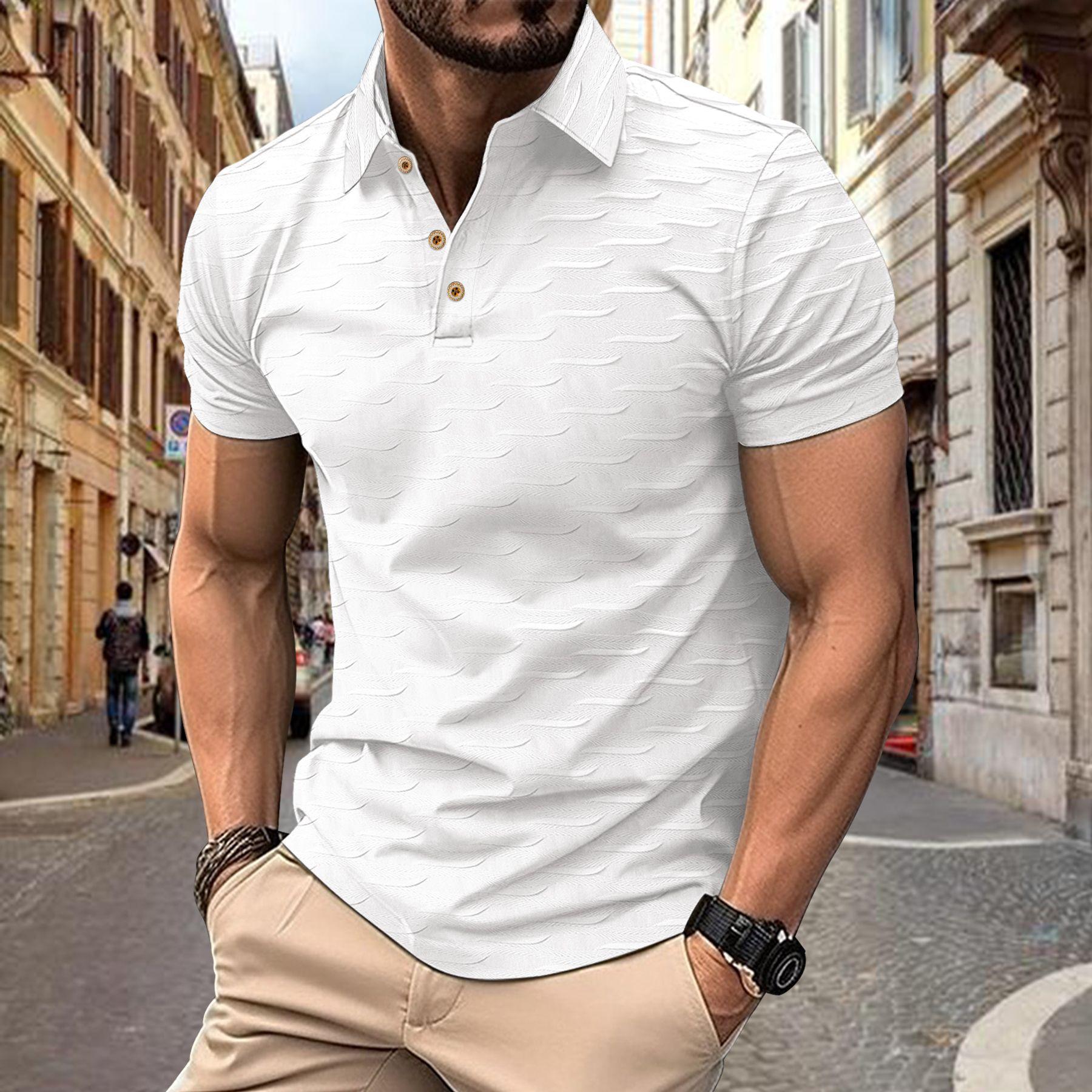 Summer New Simple Solid Colour Men s T-shirt Button Jacquard Casual Short-sleeved Polo Shirt Tops S белый