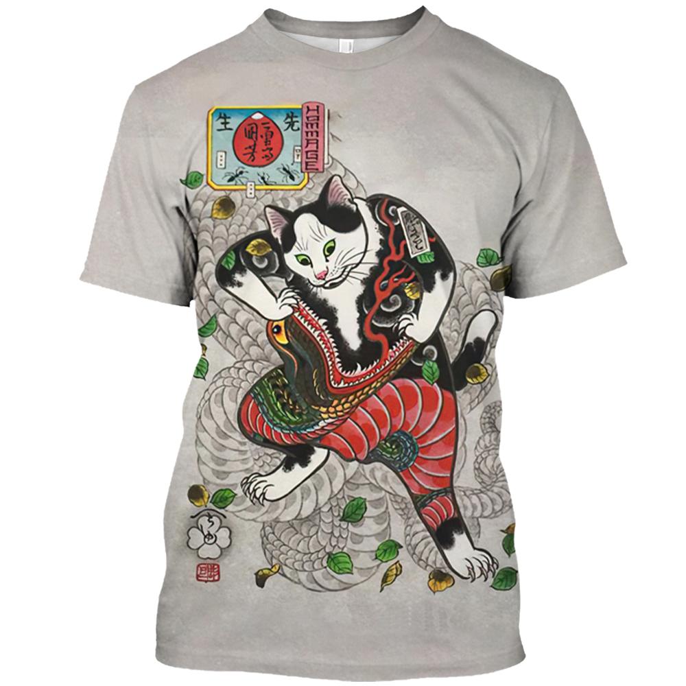 Men's T Shirt Cartoon Anime Cat Graphic 3D Print T-shirts Casual Loose Short Sleeve Tees Oversized Men Clothing Tops Outdoor New