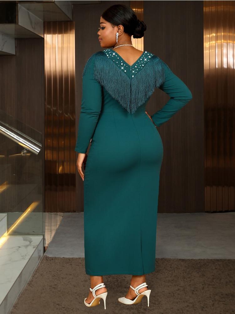 Green Elegant Tassel Beading Dress V Neck  Long Sleeve Patchwork Slim Fit Party Package Hip Women Evening Gown