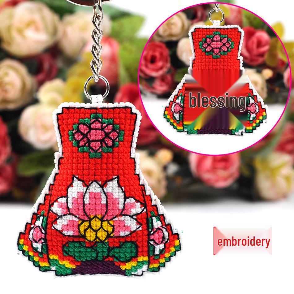 Lotus Peace Fortune Plaid Keychain Pendant with Charm Vase Cross-Stitch Hanging Ornament