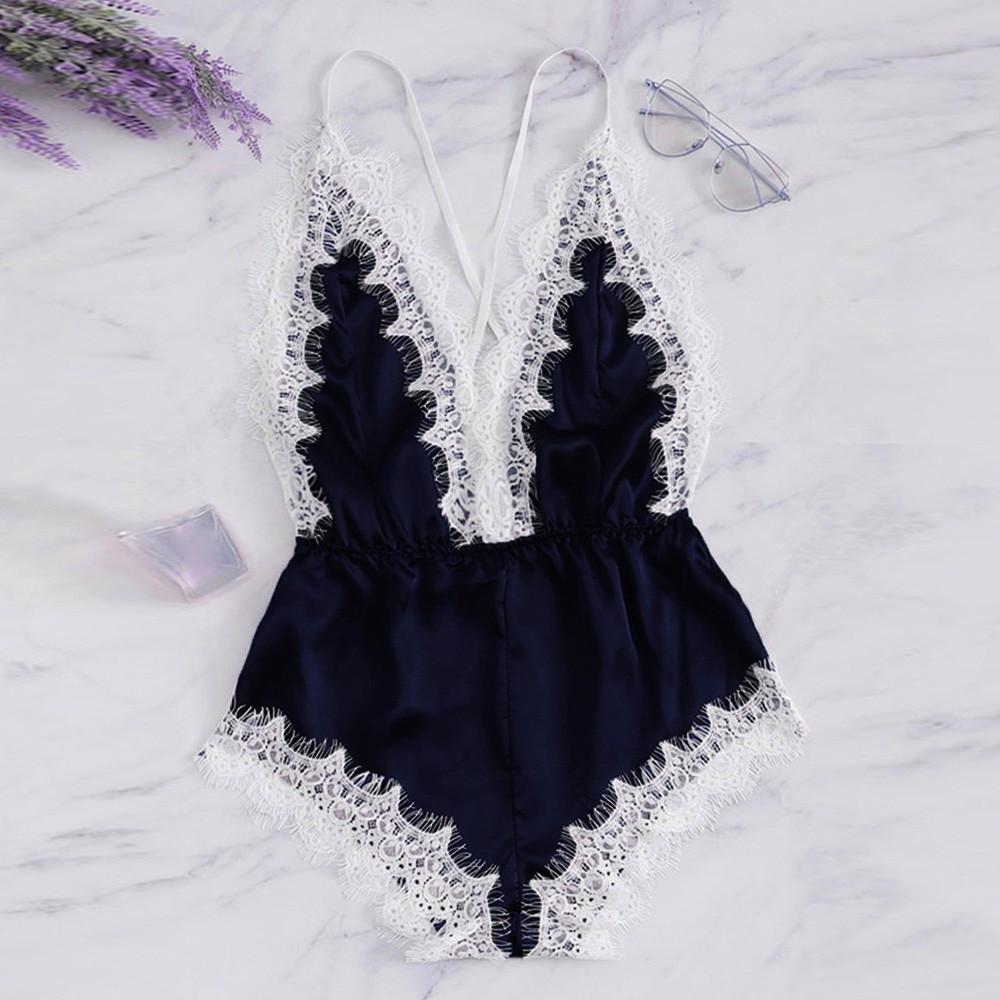 Fashion  Women Sexy Lingerie Girl V-neck Lace Splice Bodysuit Sleepwear 