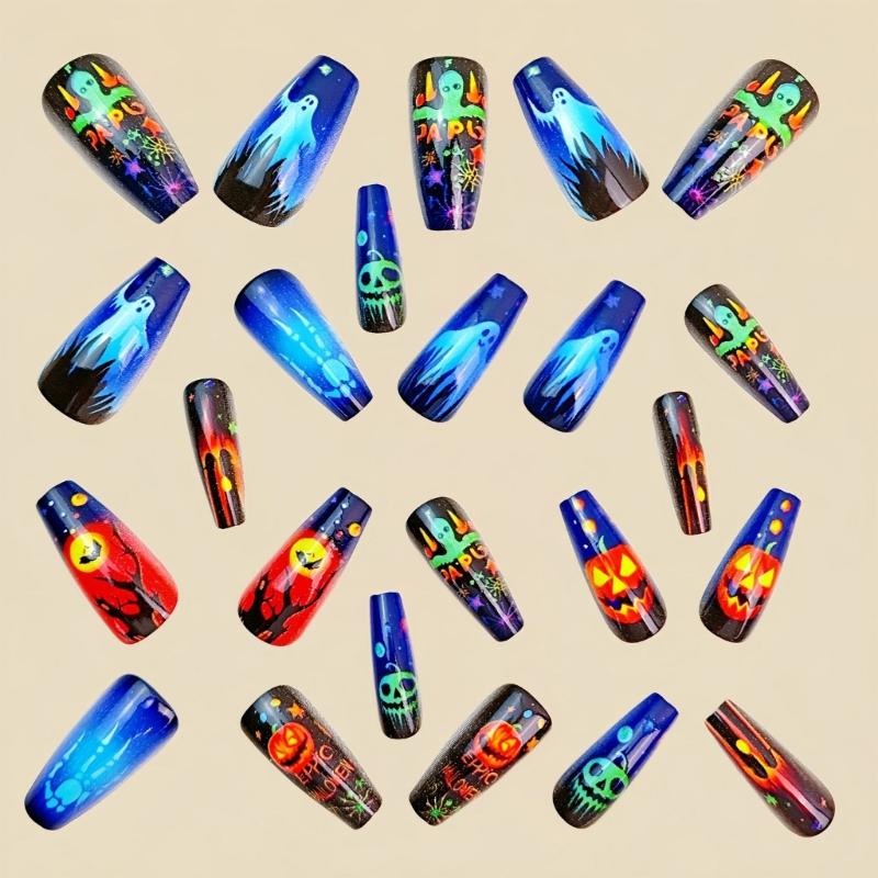 24PCS Halloween Press-On nail with Pumpkin Design Detachable Reusable Nail Art for Costume Parties