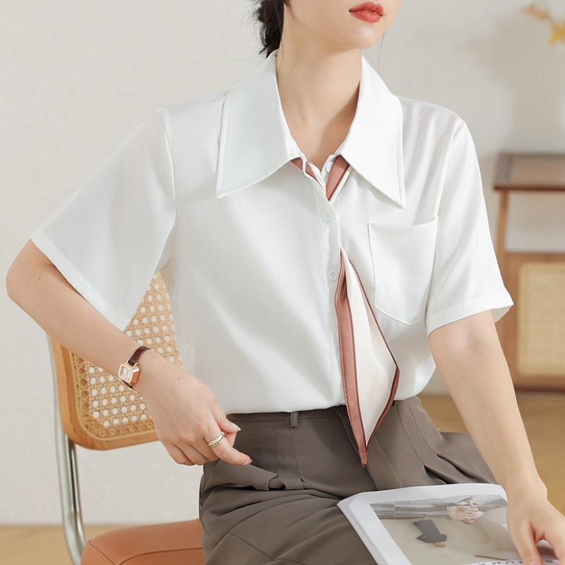 GMXIA Women's Bow Tie Lapel Draped Career Chiffon Shirt White Blouse Women Summer Tops Commuter Interview Short Sleeve