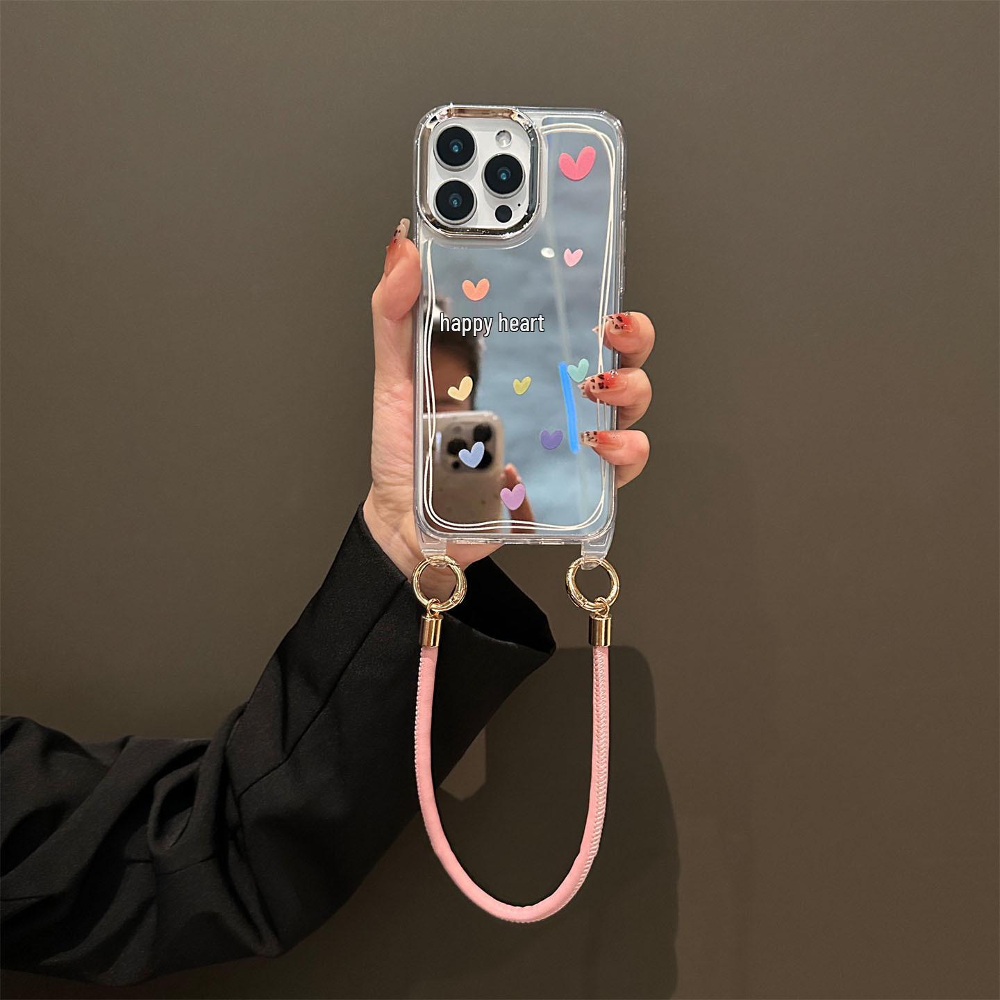 

Heart-Design Mirror Phone Case with Lanyard for Apple 13/14/15/16 Pro Max iPhone 13