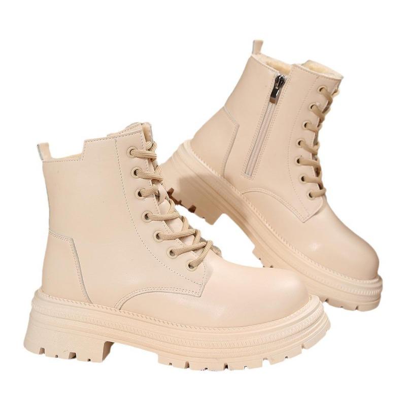 Outer Size New Thick-soled Lace-up Short Martin Boots Women's Cross-border Large-size Velvet Leather British Style Warm Cotton Shoes