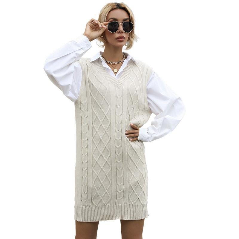 Womens Oversized V-Neck Long Knit Sweater Korean Style Plain Color Loose Fit Winter