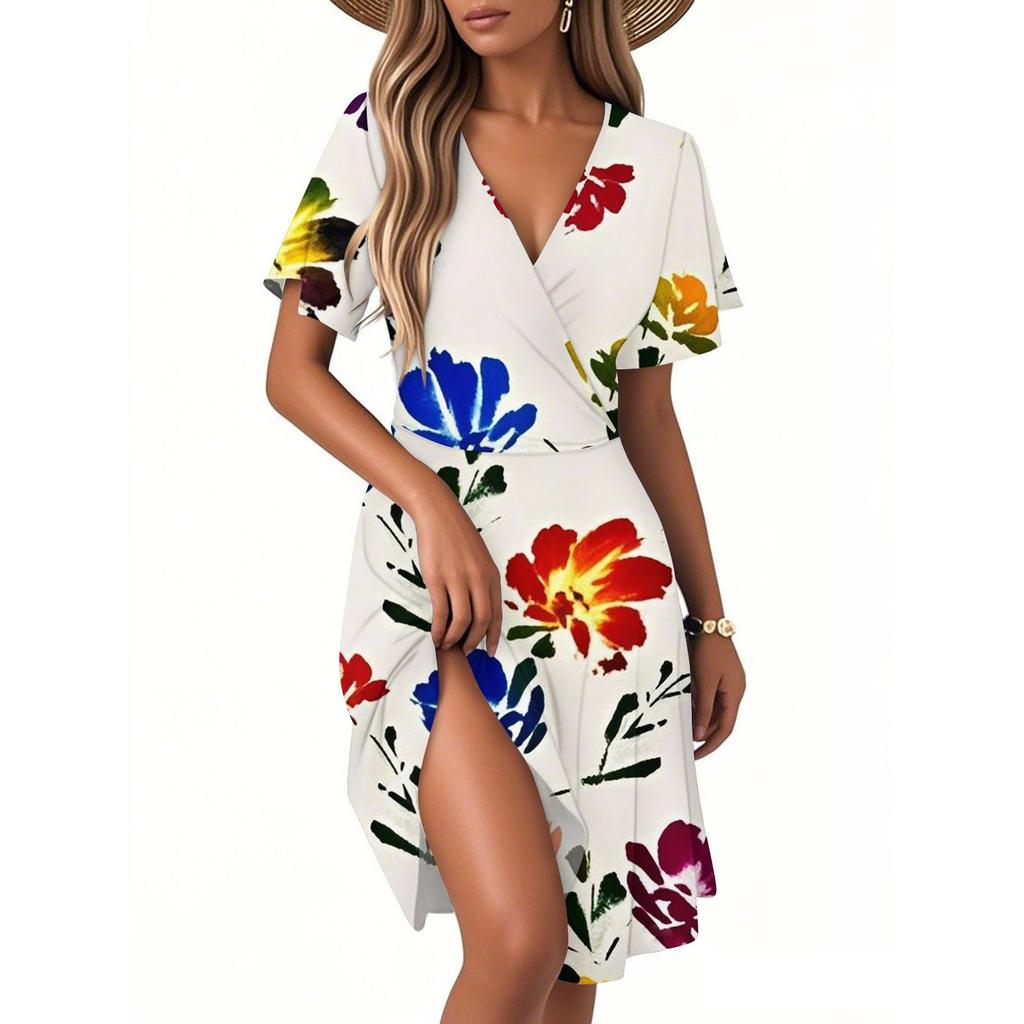 Women's Casual Fashion Dress Vintage Floral Floral Short Sleeve V-neck Dress