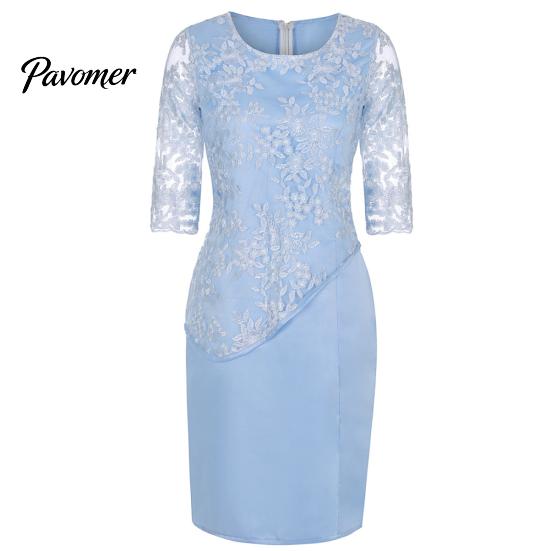 Plus Size Party Sheer Half Sleeve Floral Lace Layered Mother of Bride Midi Dress