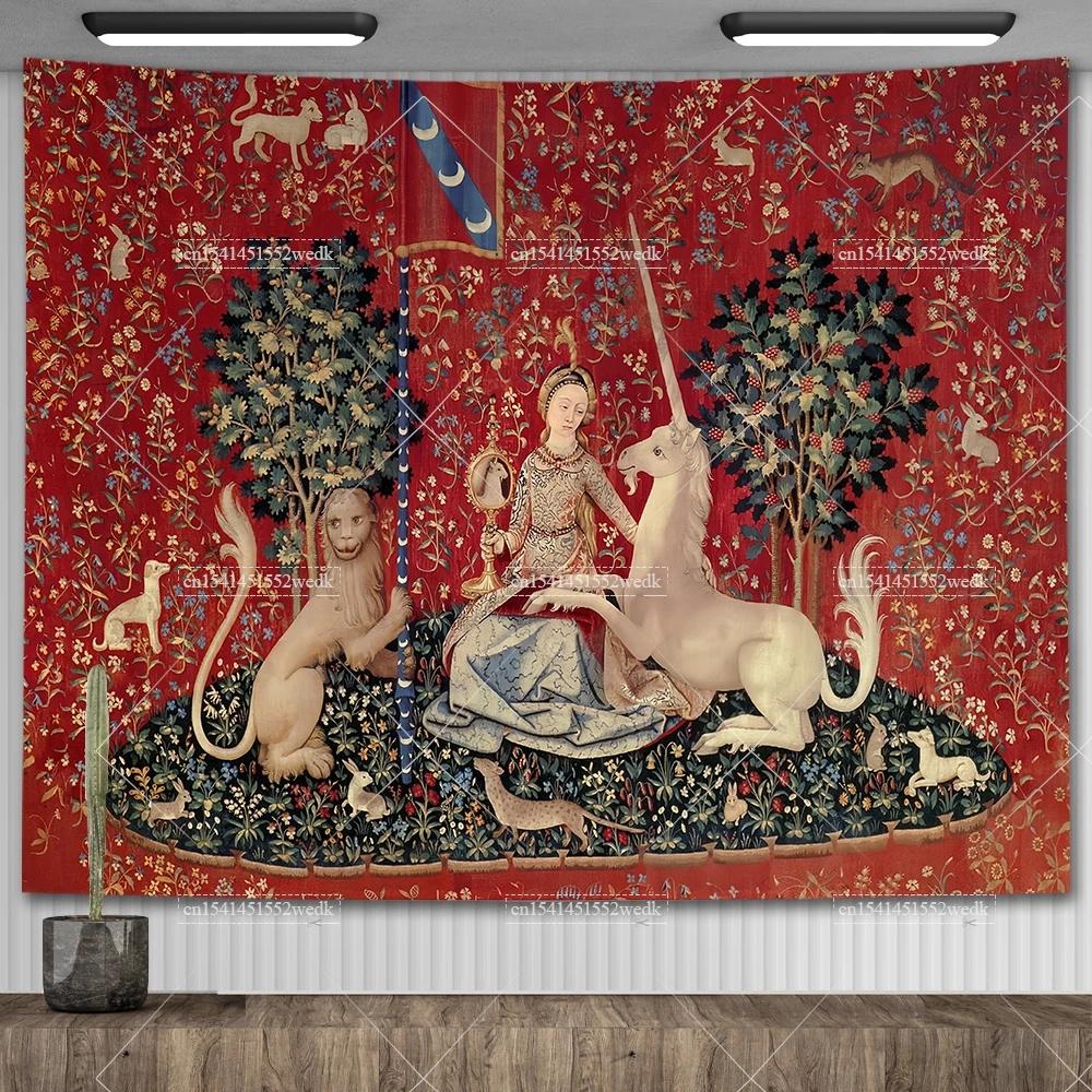 Гобелен «Леди и единорог» Средневековый гобелен Настенный гобелен Печатный домашний декор Гобелены Фоновое покрытие для комнаты Для кровати 29x37in 74x94cm