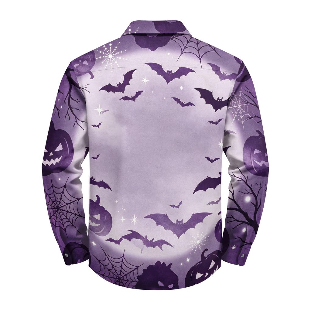 Men's Loose Fit Long Sleeve Shirt with Spread Collar Halloween Themed Casual Vintage Style Breathable Fabric Suitable for Outdoor Workwear