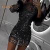 Lady Evening Dress Sequin Fluffy Faux Fur Decor Slim Fit Sheath Mini Dress Long Sleeves Mesh Prom Party Dress