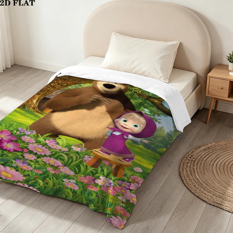 Cartoon Masha Bear Print Flannel Blanket High Quality Warm Comfortable Cover for All Seasons Perfect for Gifts Home Decor