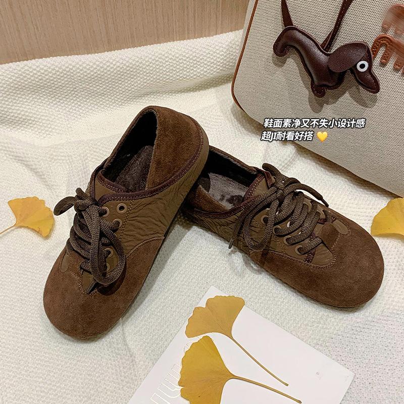 Double 12 carnival~ velvet German training shoes 2025 autumn and winter cow leather flat-soled lace-up casual fluffy single shoes, lightning hair
