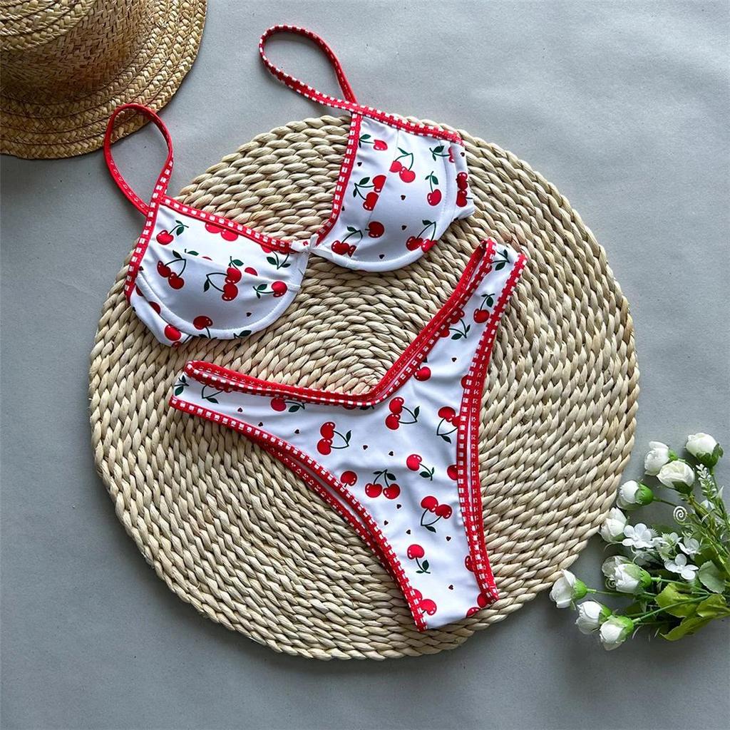 Bikini Brasiliano a Balconcino con Stampa Ciliegie Costume da Bagno Donna Costume da Bagno Due Pezzi Set Bikini Costumi da Bagno