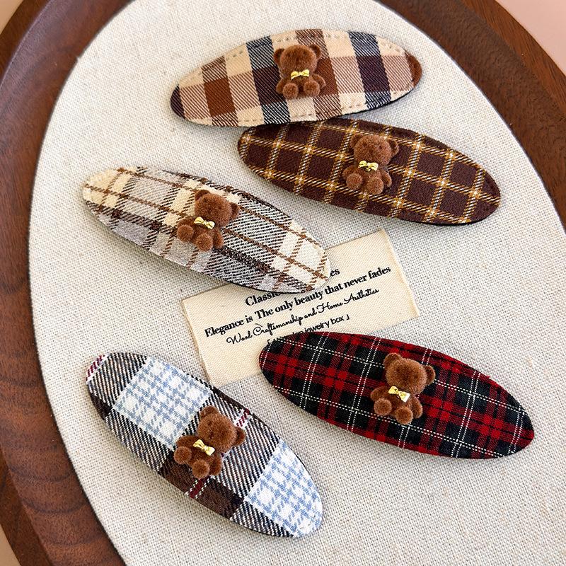 Cute Cartoon Bear Hair Clips Fabric Plaid Side Clip Sweet Girl Oval Bangs Clip Hairpin Barrettes Headwear Hair Accessories 1pc