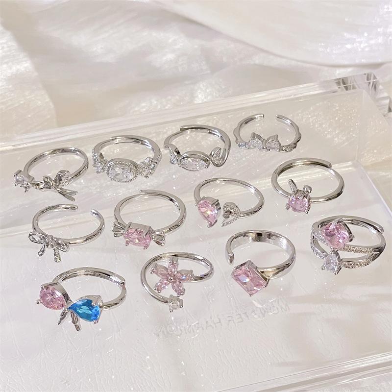 Color Diamond Open Ring Bow Flower Niche Design Elegant Light Luxury Cute Pink Zircon Personality Ring Woman