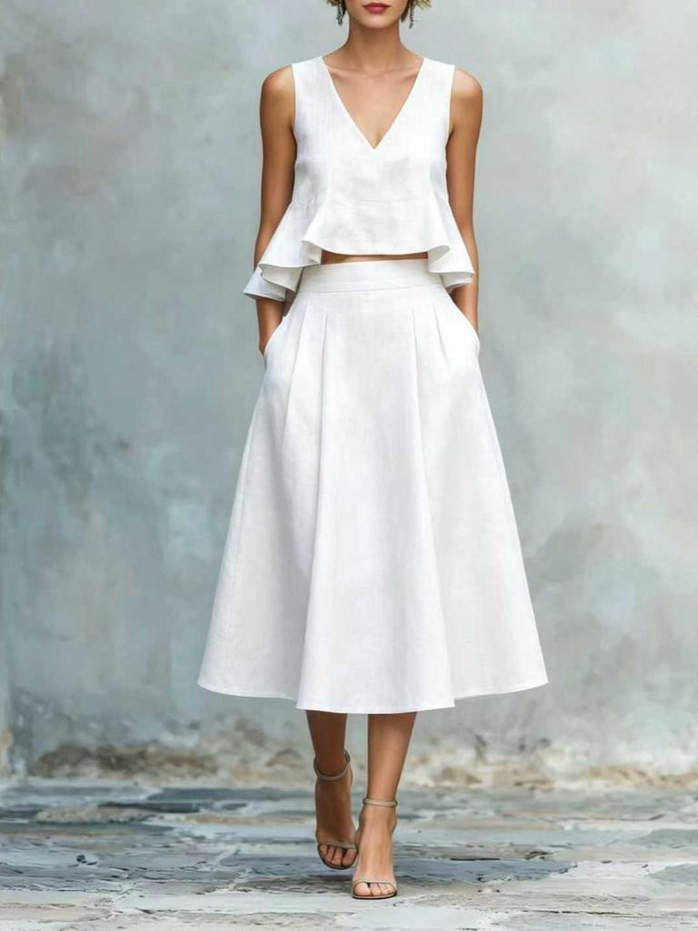 New Arrivals Summer Women's Linen Blend Two-Piece Set with Ruffles