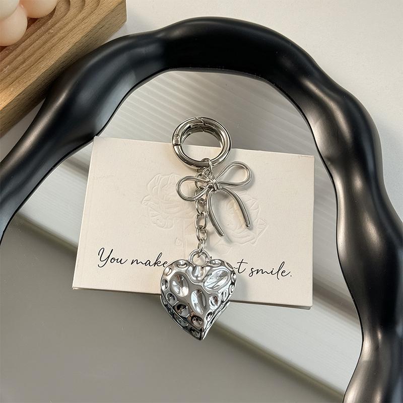 Ins Style Silver Heart Key Chain Alloy Bowknot Phone Pendant Headphone Case Charm Car Key Ring Bag Decor