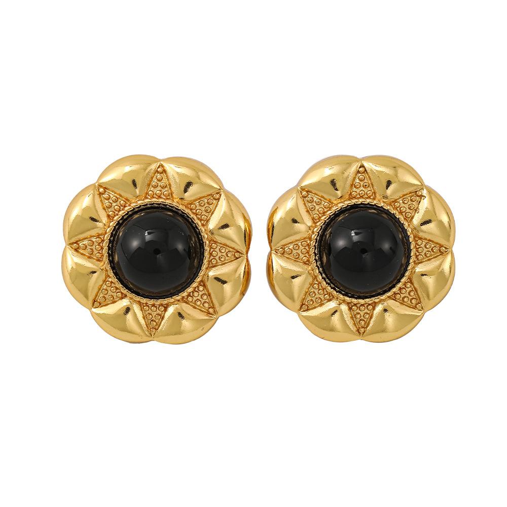 Medieval vintage sun flower natural turquoise stud earrings relief pattern heavy industry black agate light luxury temperament earrings