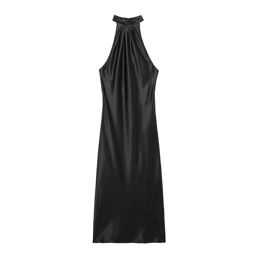 Spring 2025 Women's Elegant Slim Backless Silk Satin Halter Dress