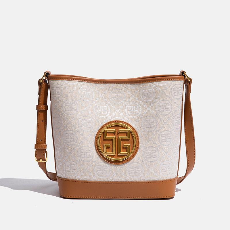 Summer Women's High-end Single-shoulder Crossbody Bucket Bag, Niche Printed Cotton and Linen Pu Large-capacity Simple Mother-and-child Bag