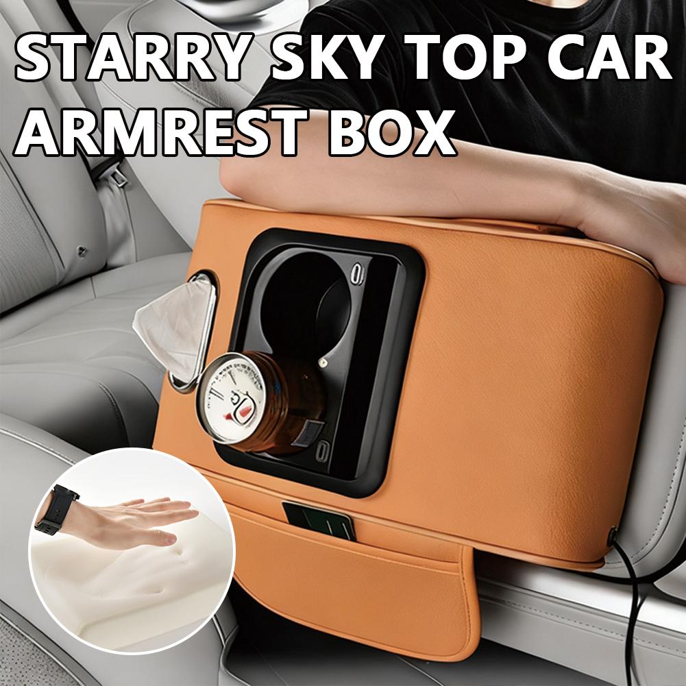 Multifunctional Car Armrest Box, with Tissue Box Cup Height Sky Ceiling Pad and Charging Port Starry Holder Increase Storag V6Q7
