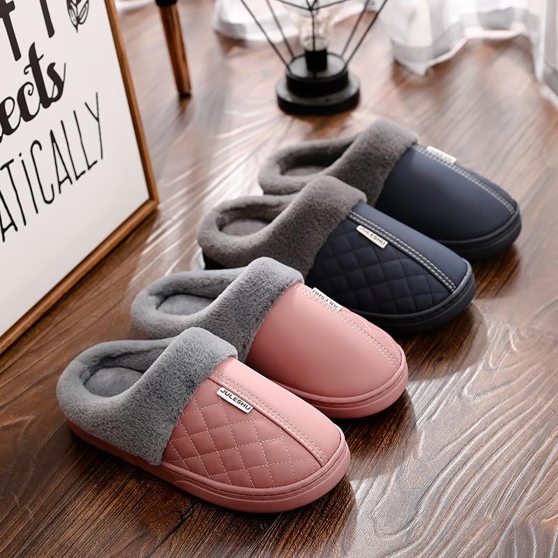 Waterproof leather surface, non-slip and warm home indoor cotton slippers, bag heel comfortable cotton mop home cotton shoes